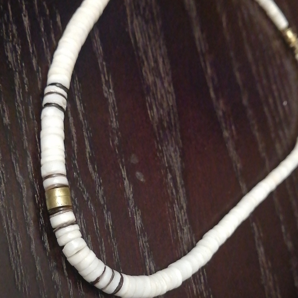 White Heishi Shell Bead Necklace with Gold Accent 16.5" Long